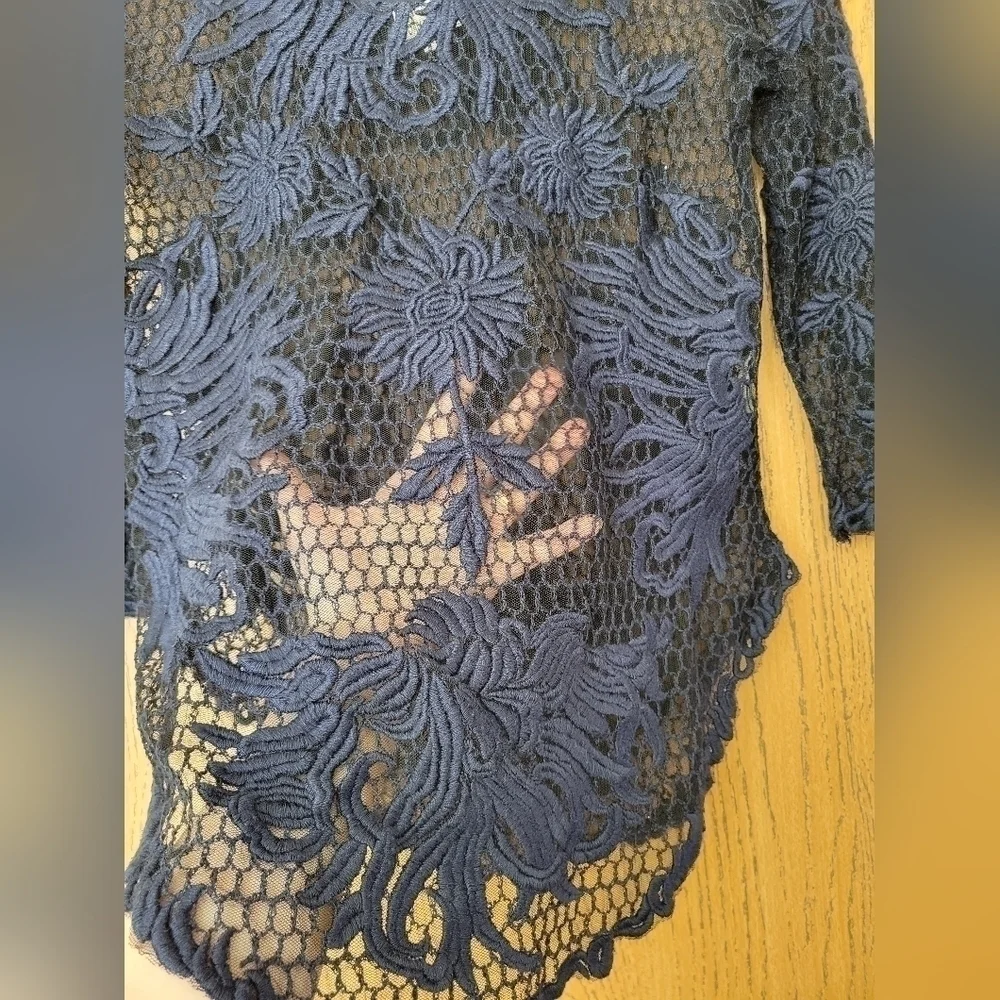 Yoana Baraschi navy blue see-through lace fishnet embroidered 3/4 sleeve top S